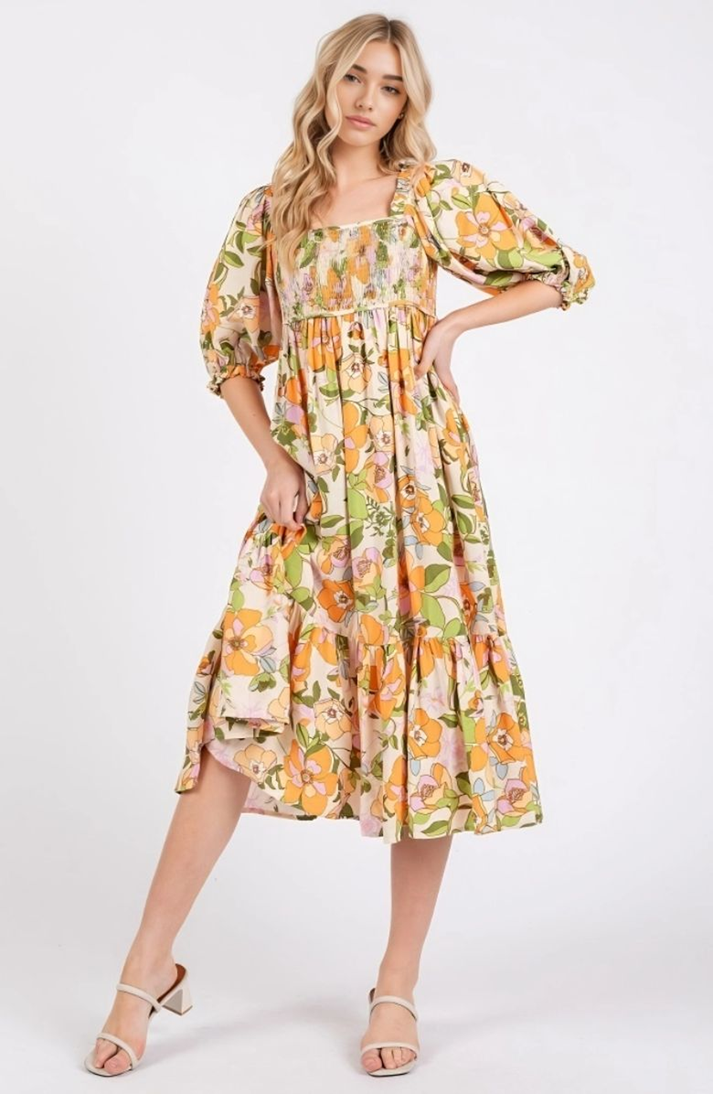 Knit and Lounge Smocked Floral Puff Sleeve Tiered Midi Dress, Alternate, color, 