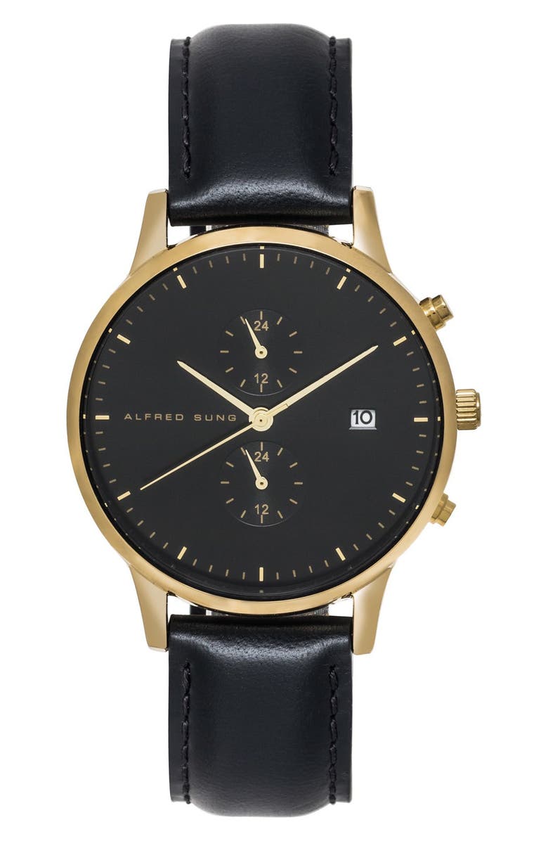 Alfred Sung Dual Time Leather Strap Watch, 42mm, Main, color, 