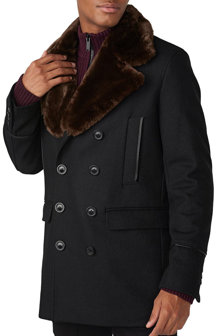 Wool Blend Peacoat with Faux Fur Collar, Alternate, color, BLACK/ BROWN