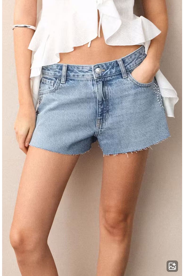 Studded Denim Cutoff Shorts, Main, color, MEDIUM BLUE