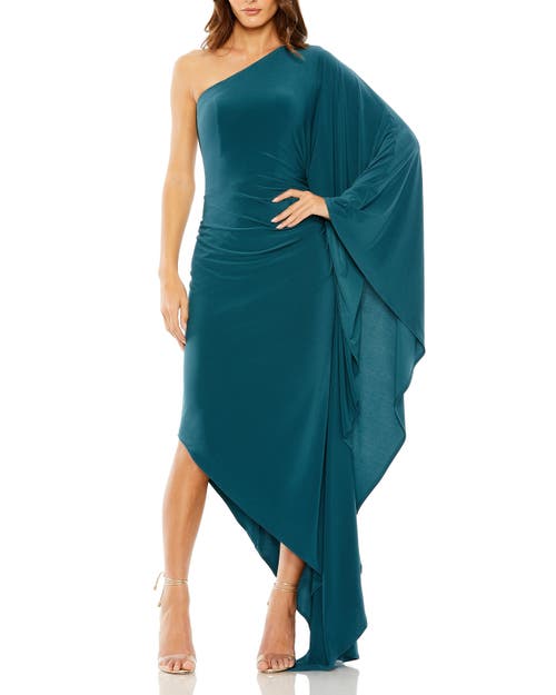 Mac Duggal One Shoulder Cape Sleeve Ruched Detail Jersey Gown