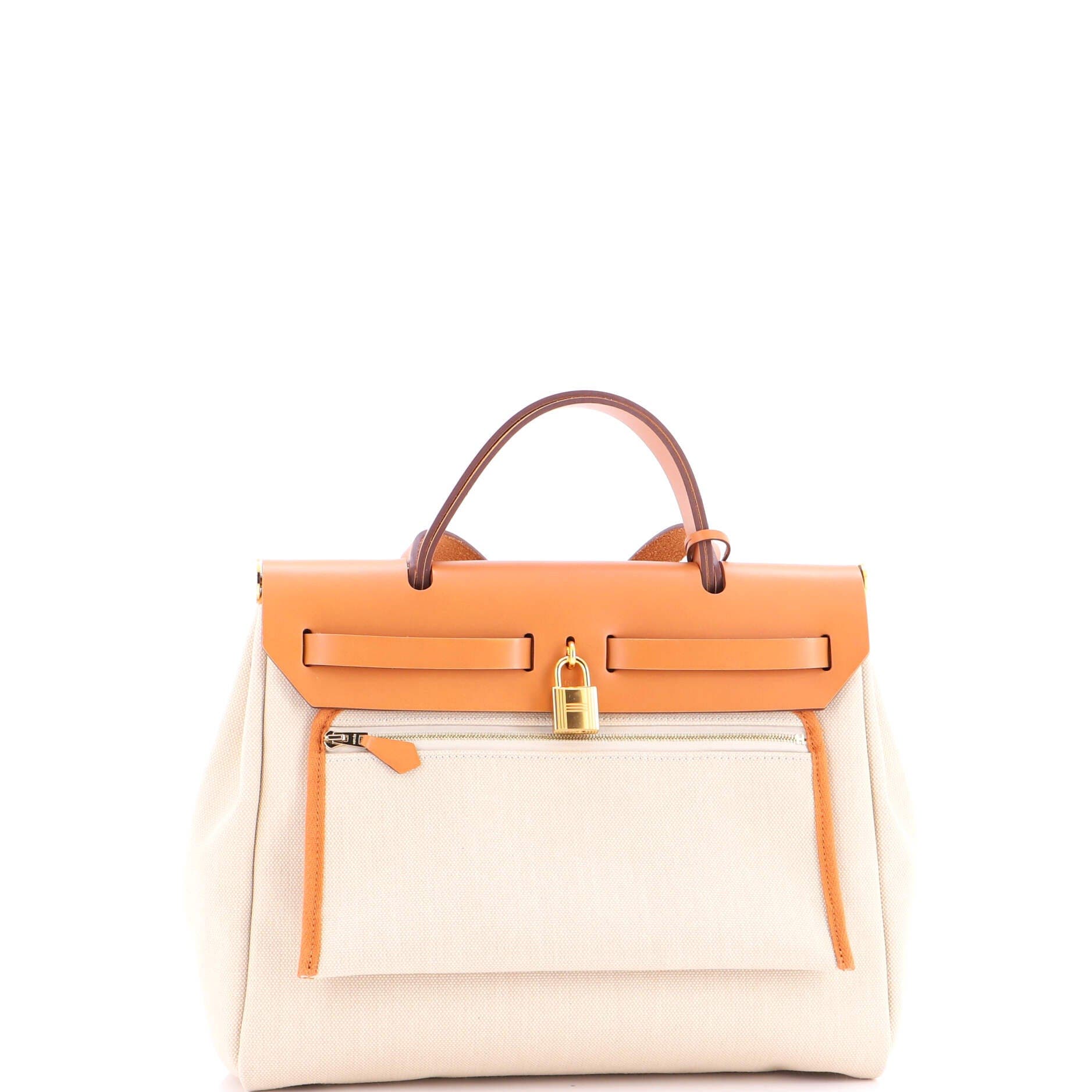 Pre-Owned Hermes Herbag Zip Leather and Toile 31, Alternate, color, Beton