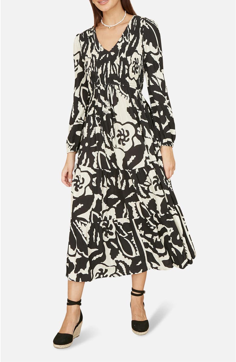 Yumi Abstract Print Ruched V-Neck Midi Dress, Alternate, color, Black