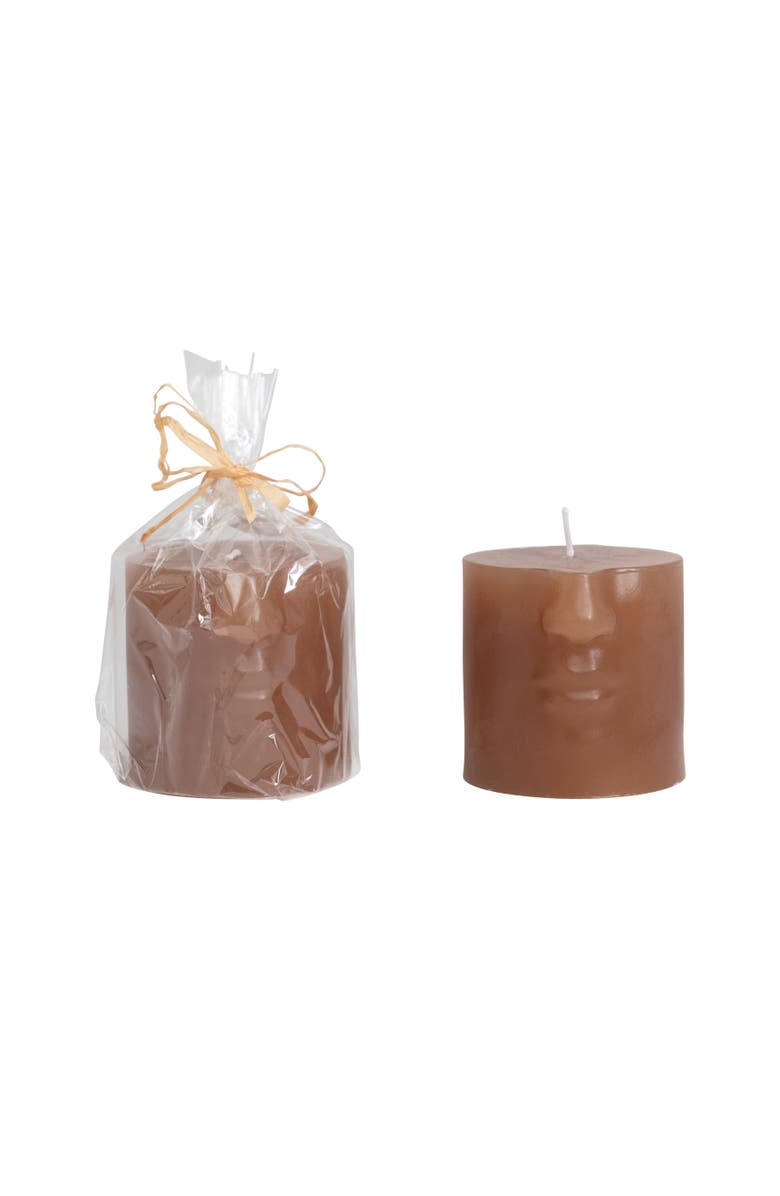 Storied Home Unscented Face Pillar Candle, Main, color, Brown