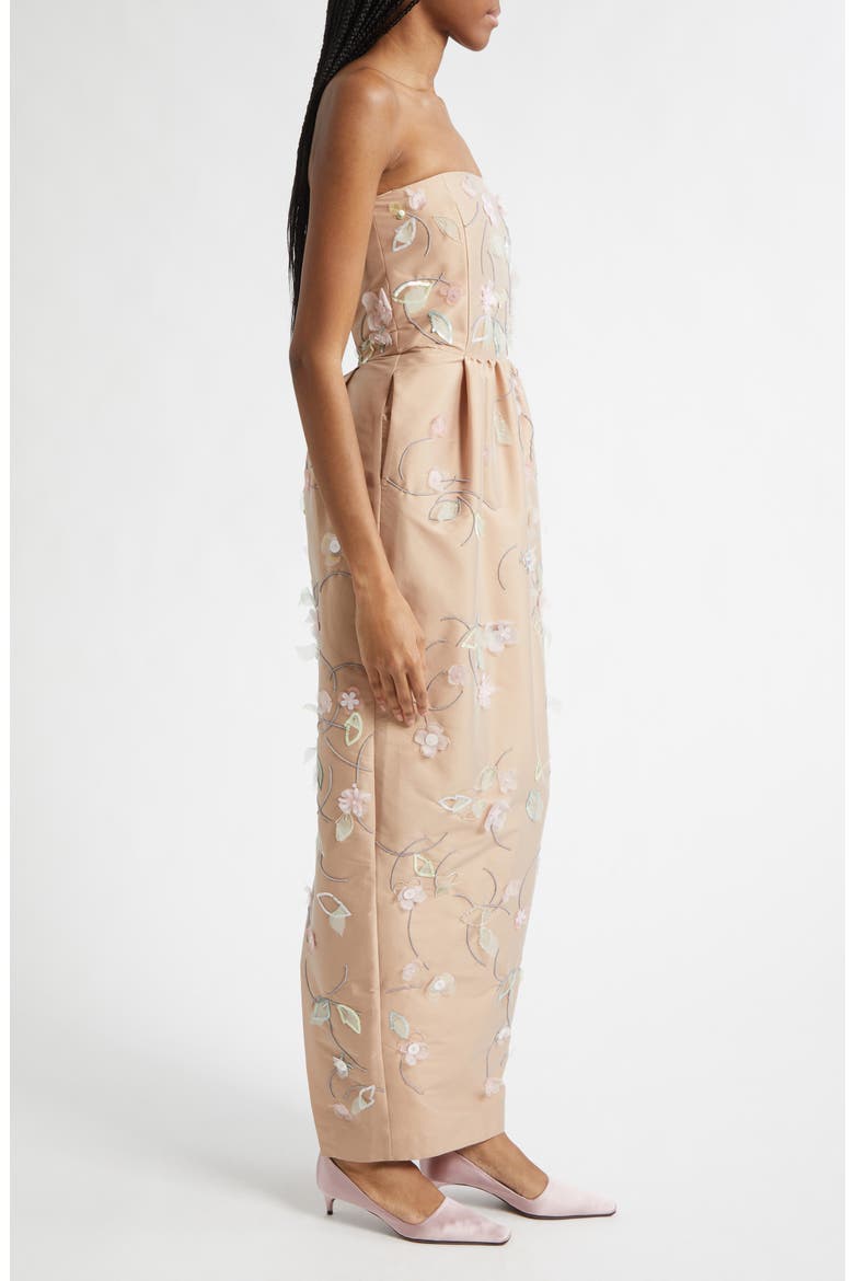 Lena Beaded Appliqué Strapless Dress, Alternate, color, CLEMATIS EMBROIDERY ON BEIGE