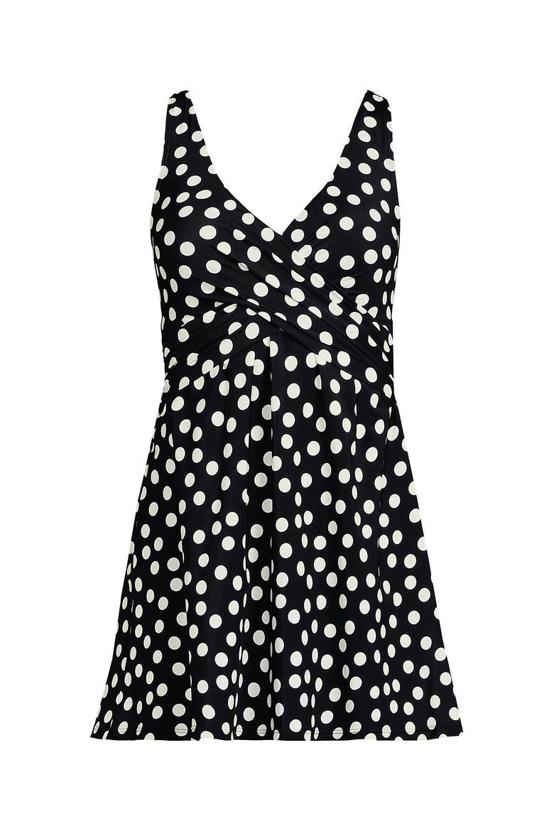 SlenderSuit V-neck Wrap Swim Dress One Piece Swimsuit Adjustable Straps, Alternate, color, Black/Egret White Tossed Dots