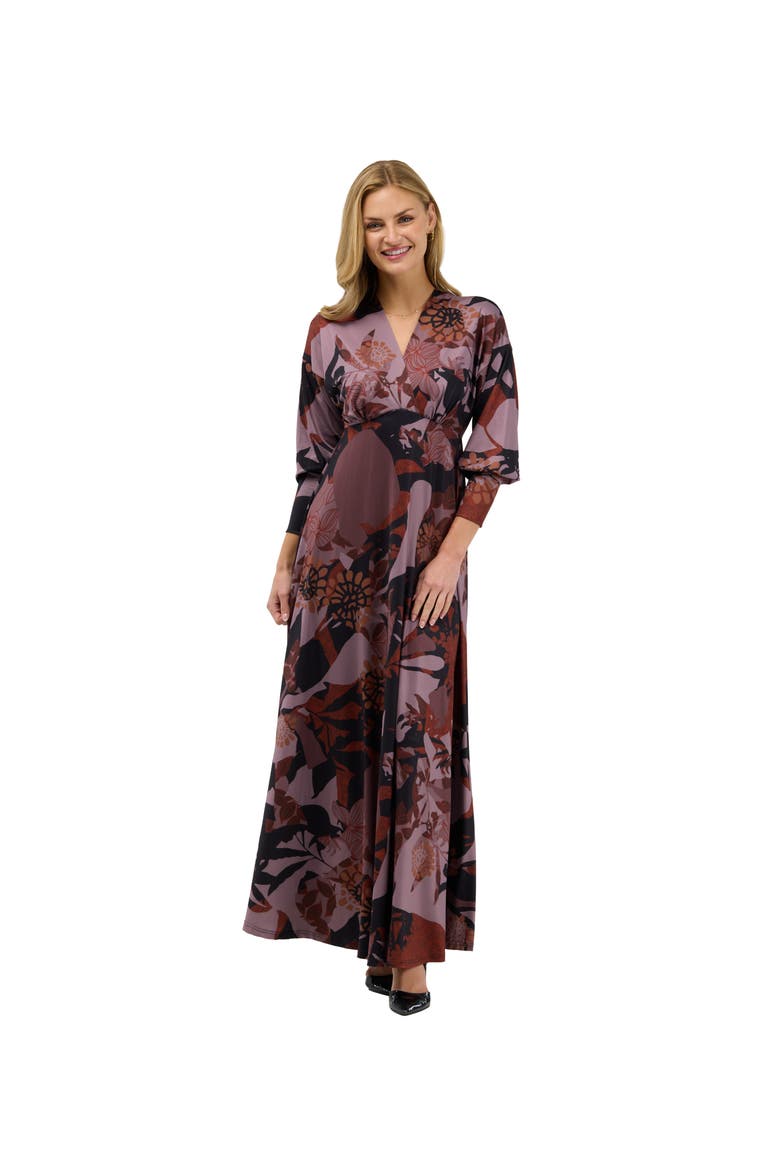 Elevate Womens V Neck Three-Quarter Sleeve Maxi Dress, Main, color, Brown Multi