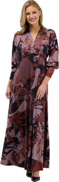 24seven Comfort Apparel Elevate Womens V Neck Three-Quarter Sleeve Maxi Dress