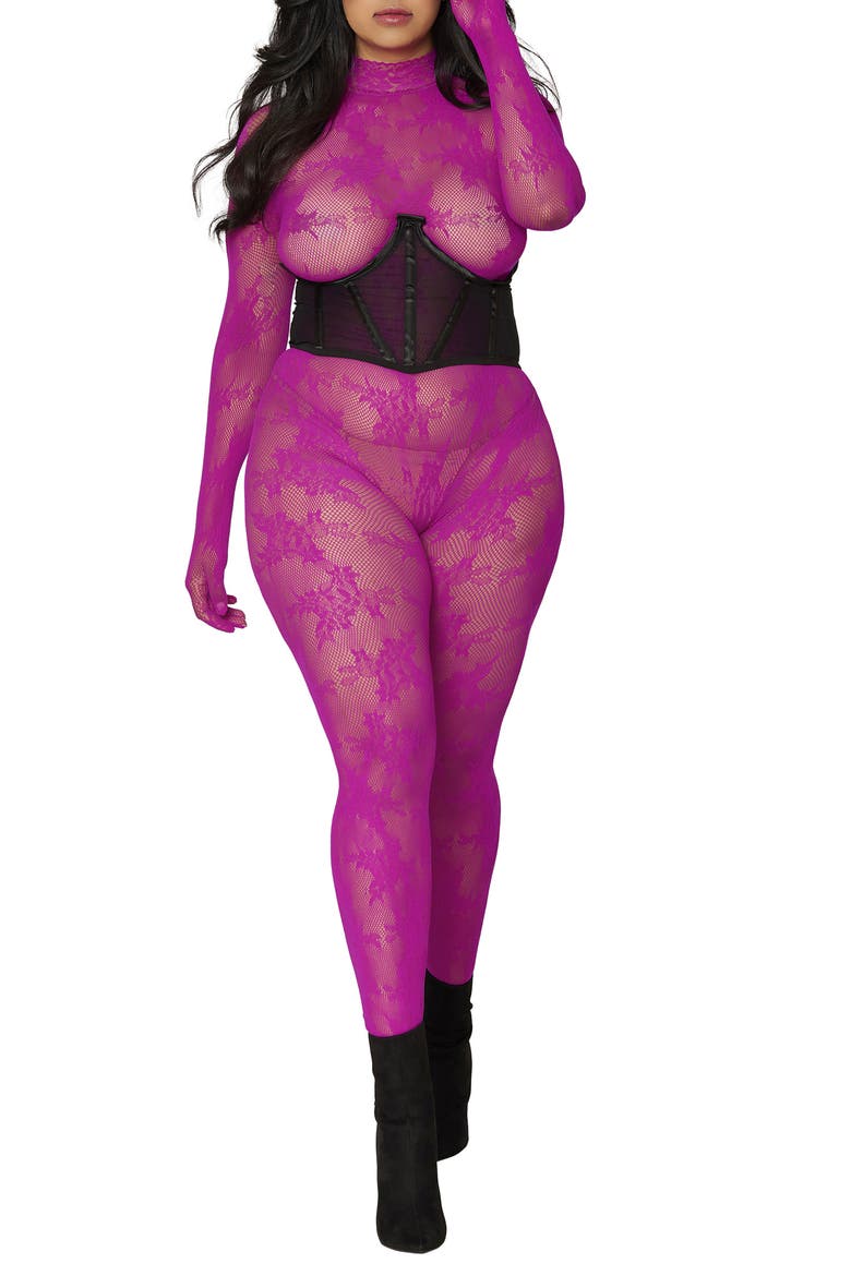 Fishnet Glove Body Stocking, Alternate, color, AZALEA