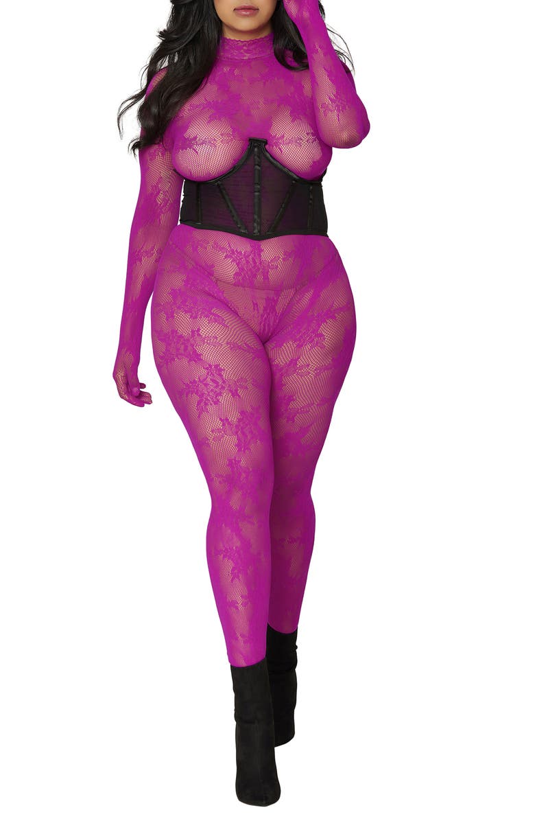 Dreamgirl Fishnet Glove Body Stocking, Alternate, color, Azalea