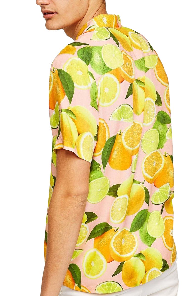Topman Lemon Print Camp Shirt, Alternate, color,