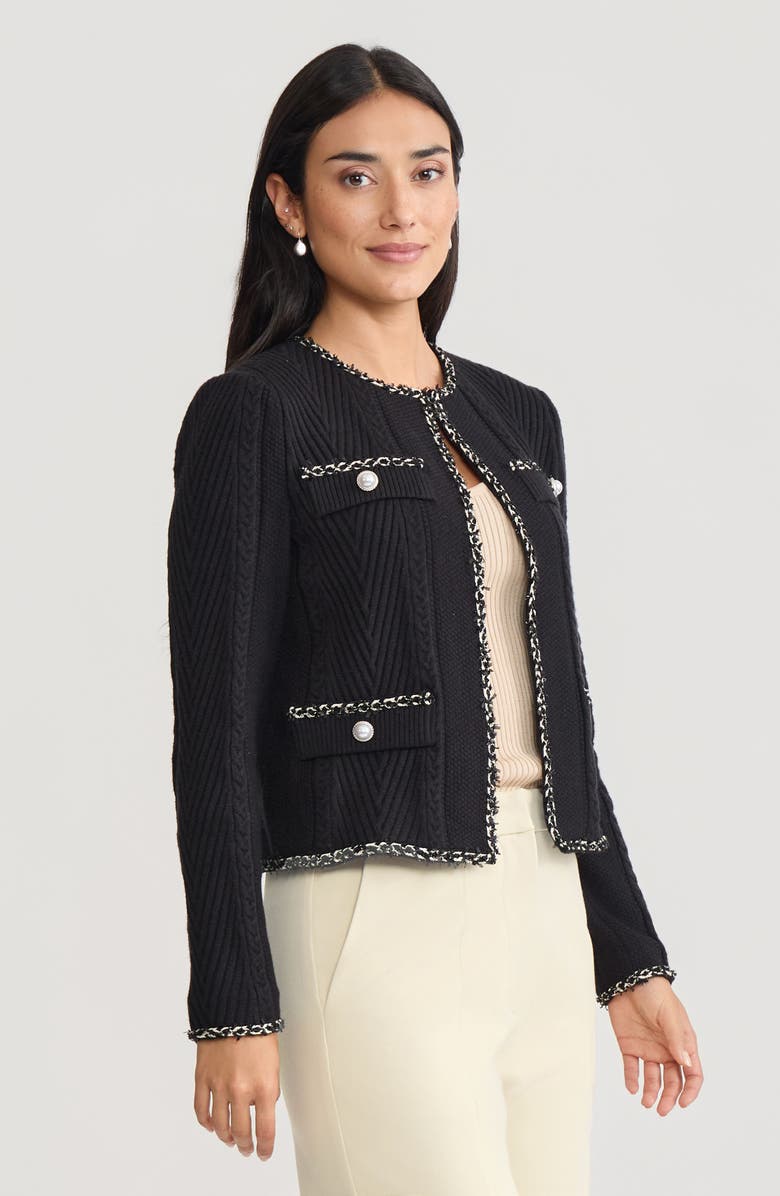 Misook Heritage Eyelash Trim Cozy Ribbed Knit Jacket, Alternate, color, Black/Biscotti