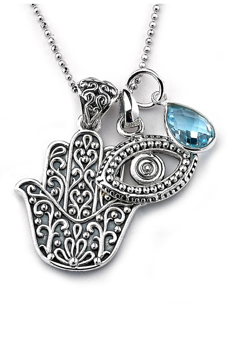 SAMUEL B. Sterling Silver Hamsa, Evil Eye & Blue Topaz Charm Necklace, Alternate, color, Silver Blue