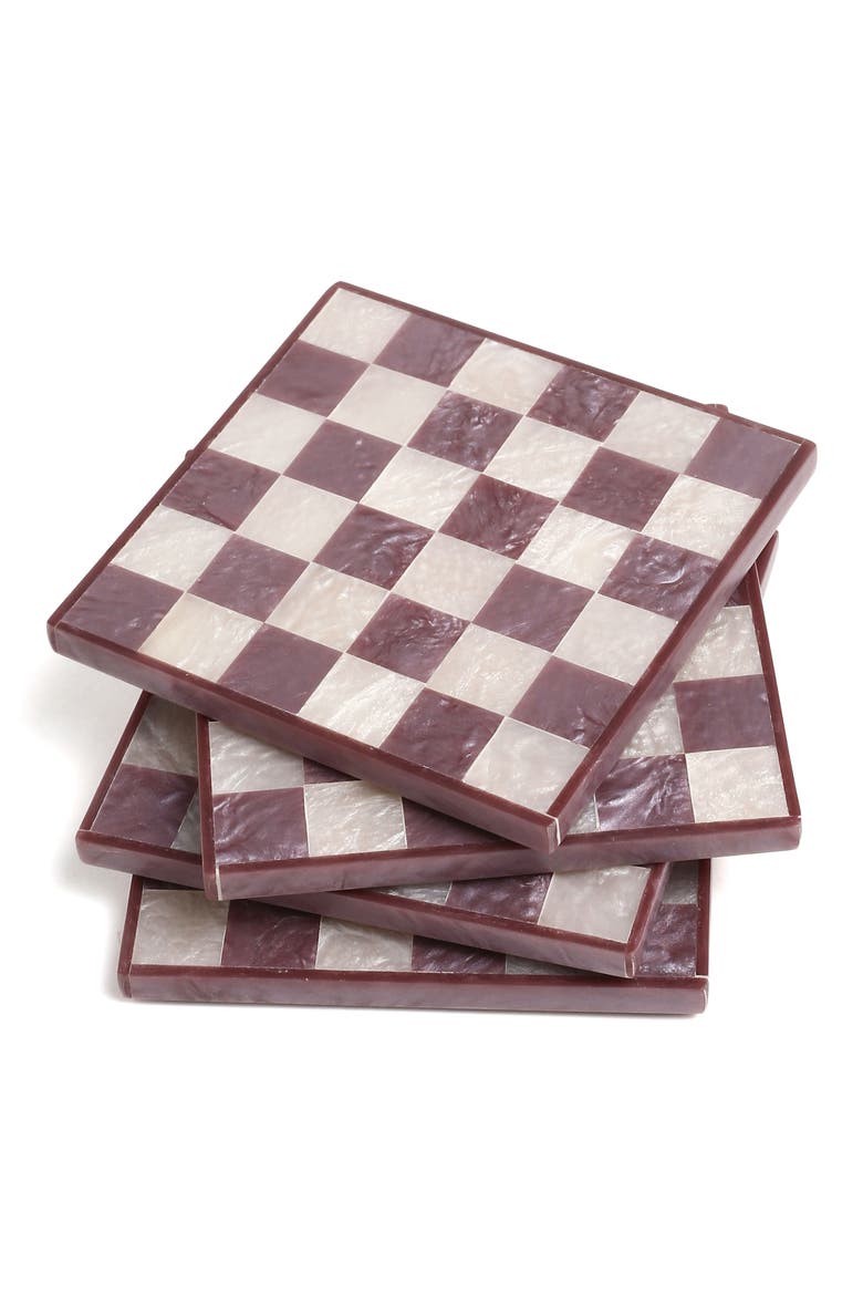 Set of 4 Checkered Resin Coasters, Main, color, WINE