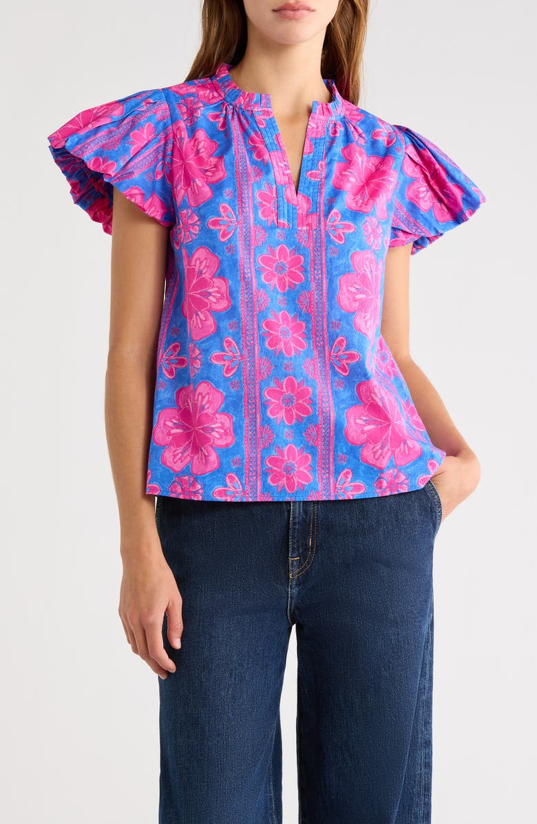 SUGARLIPS Bethel Floral Keni Cotton Split Neck Top, Main, color, Blue-Fuchsia