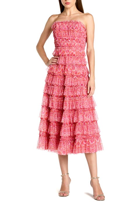 Printed Mesh Ruffle Strapless Midi Dress