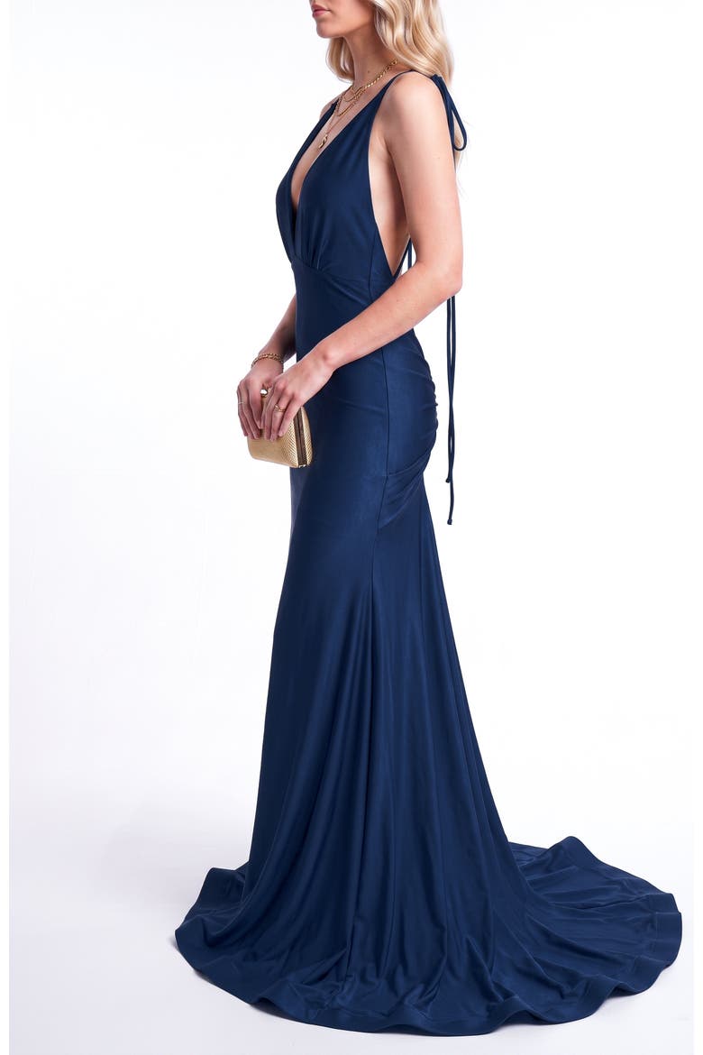 Plunging V-Neck Tie-Strap Mermaid Evening Gown, Alternate, color, Navy