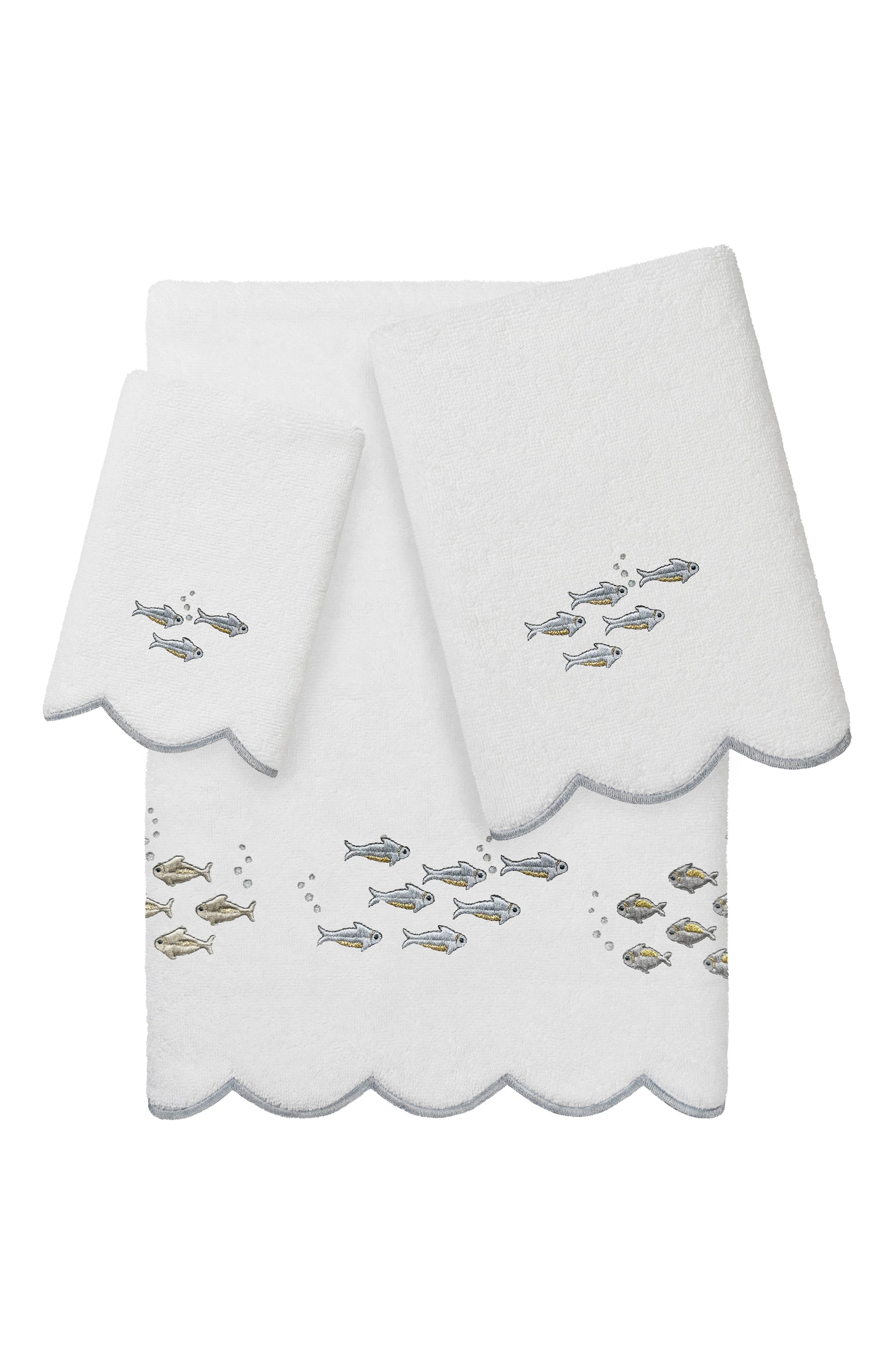 3-Piece Fish School Embroidered Turkish Cotton Towel Set