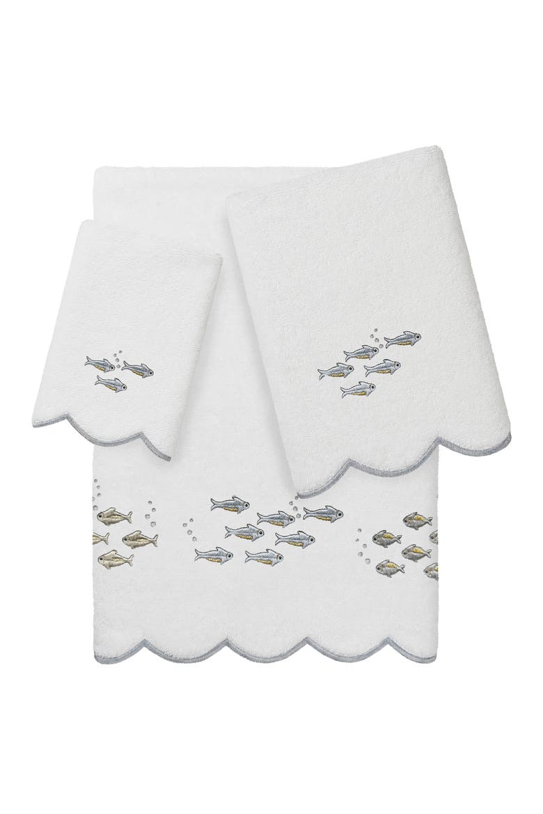 3-Piece Fish School Embroidered Turkish Cotton Towel Set, Main, color, WHITE/ GRAY