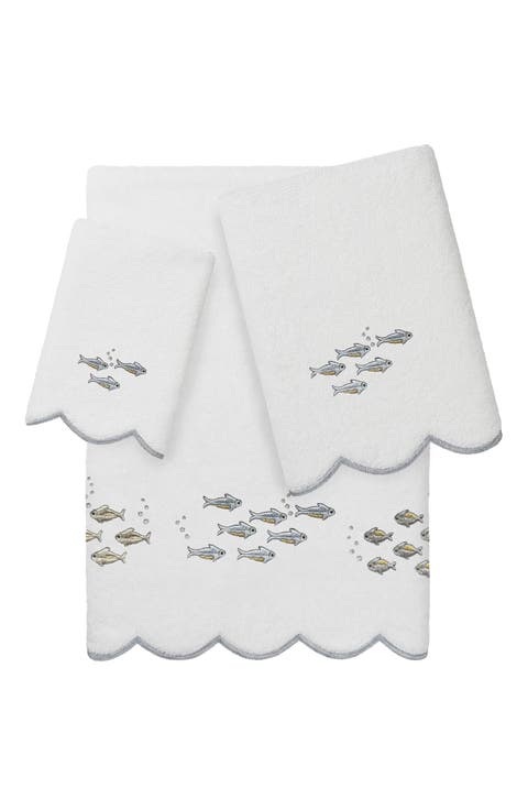 3-Piece Fish School Embroidered Turkish Cotton Towel Set