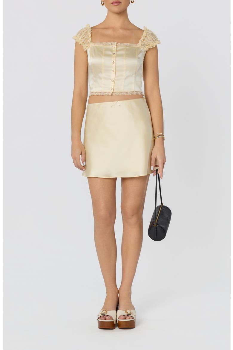 Elliana Lace Trim Satin Button-Up Crop Top, Alternate, color, BUTTER YELLOW