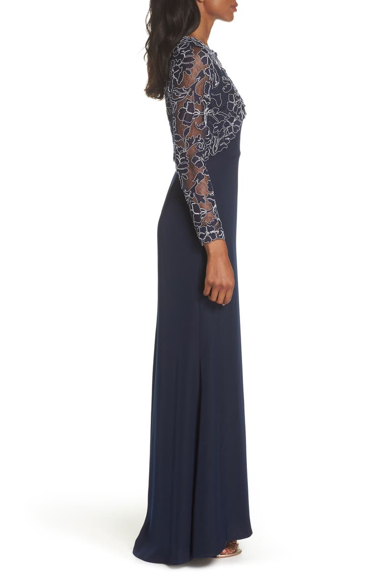 Crepe & Embroidered Lace Gown, Alternate, color, NAVY/ IVORY