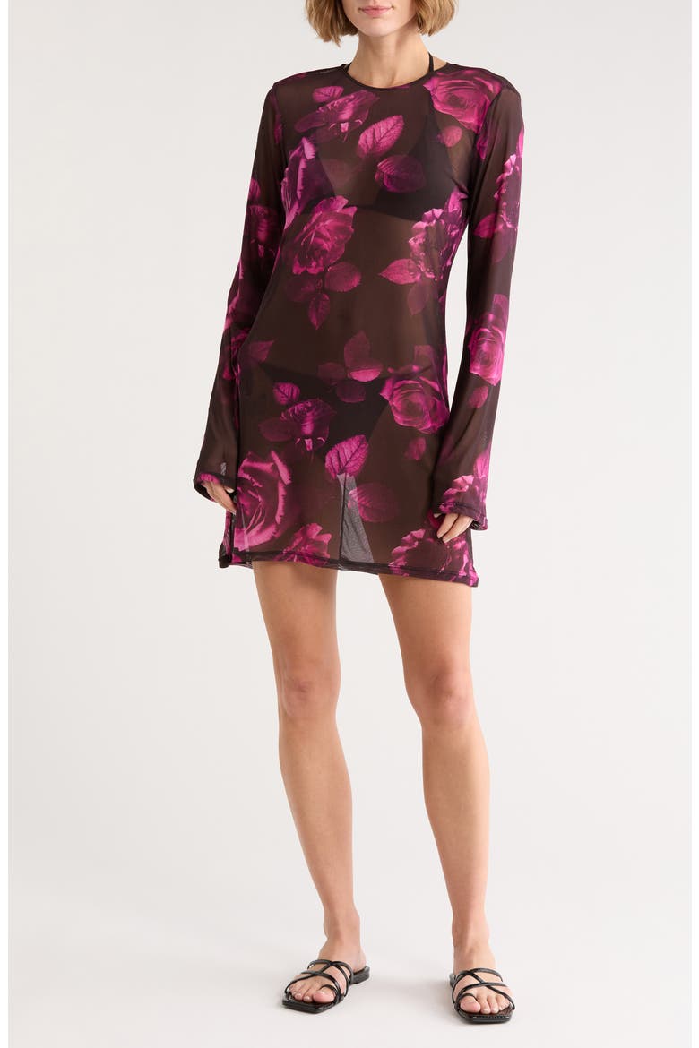 Long Sleeve Mesh Minidress, Main, color, DARK SPACED ROSES001