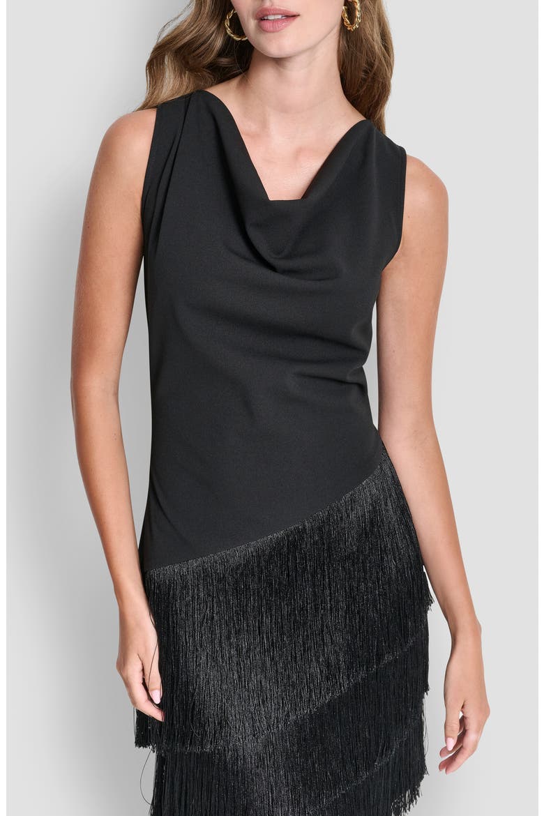 Cowl Neck Asymmetric Fringe Dress, Alternate, color, BLACK