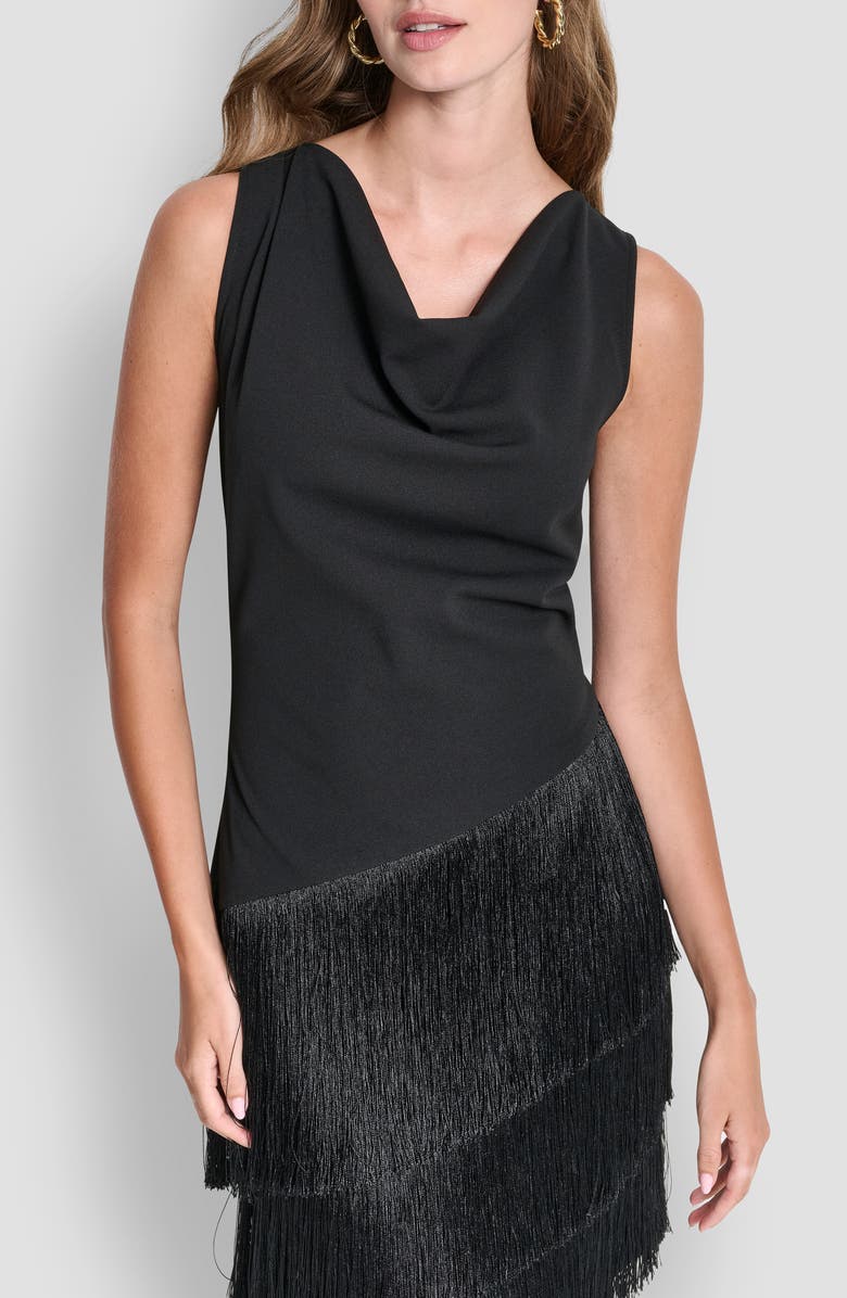 DKNY Cowl Neck Asymmetric Fringe Dress, Alternate, color, Black