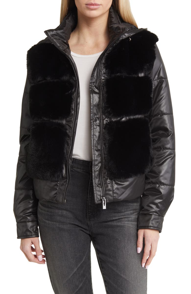 Via Spiga Faux Fur Mixed Media Puffer Jacket, Main, color, 