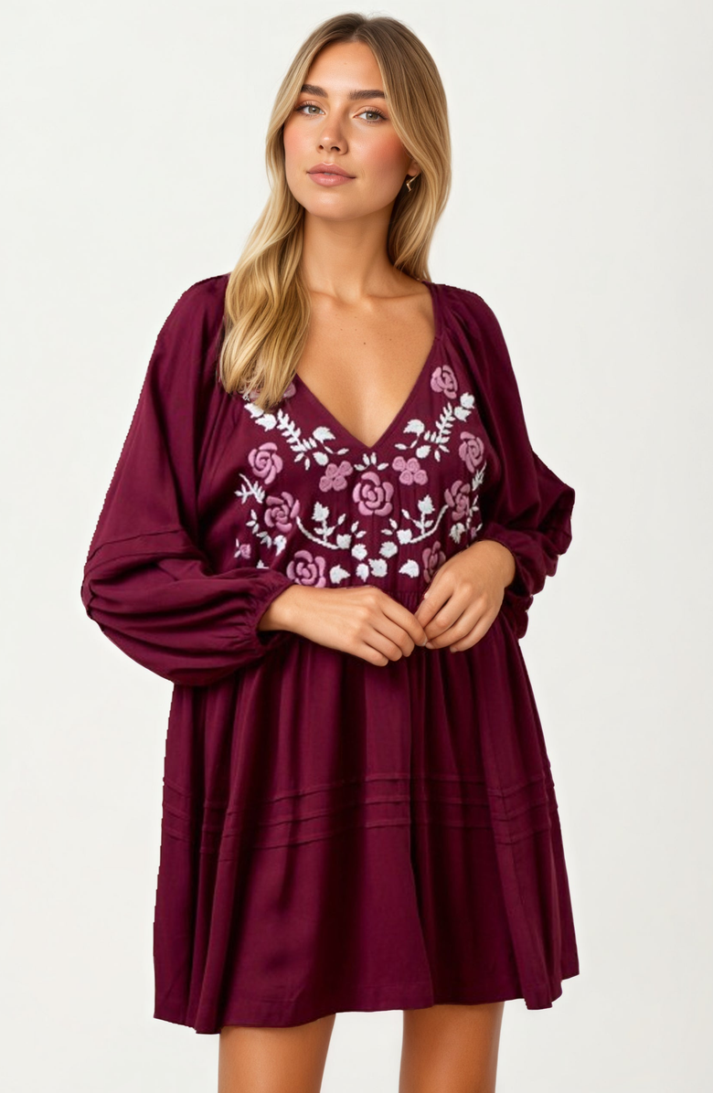 Knit and Lounge Embroidered Plum V-Neck Mini Dress, Main, color,