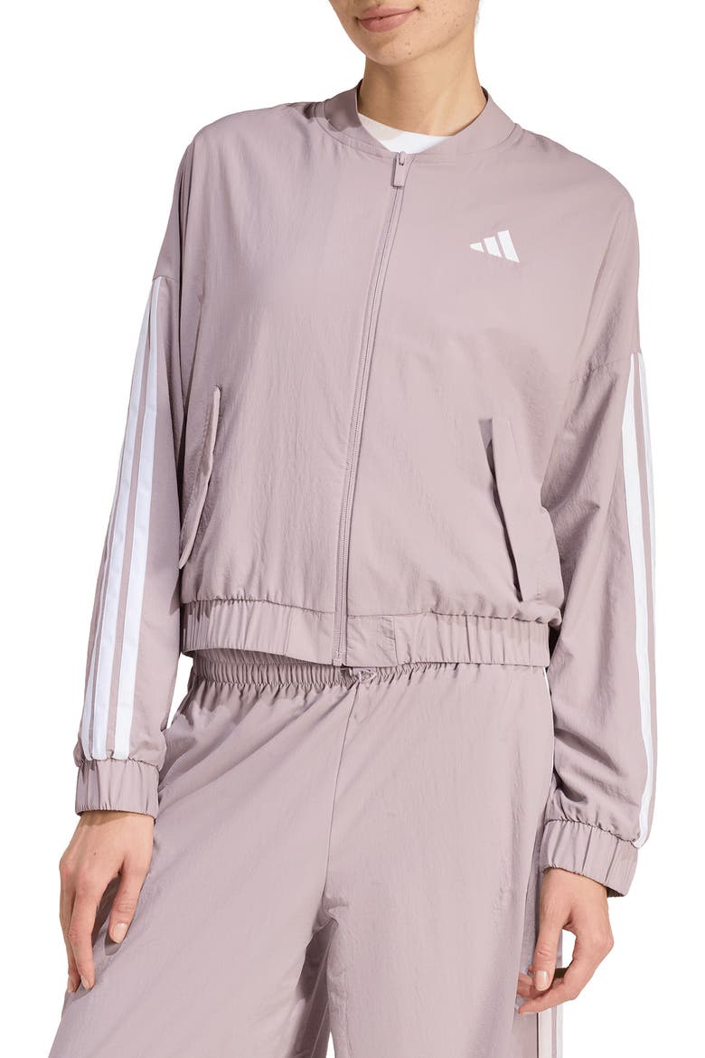 3-Stripes Woven Bomber Jacket, Main, color, PRELOVED FIG/ WHITE