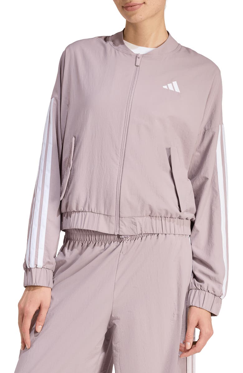 adidas 3-Stripes Woven Bomber Jacket, Main, color, Preloved Fig/ White