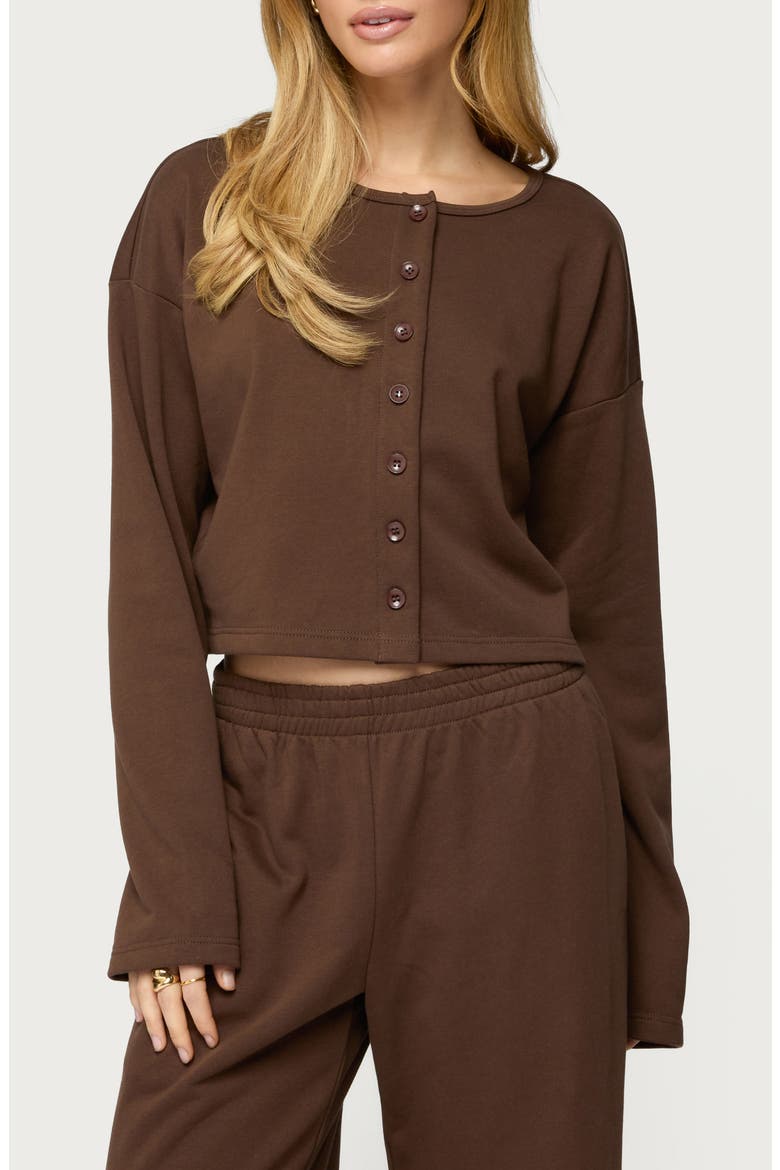 Binah French Terry Crop Cardigan, Main, color, DARK-BROWN