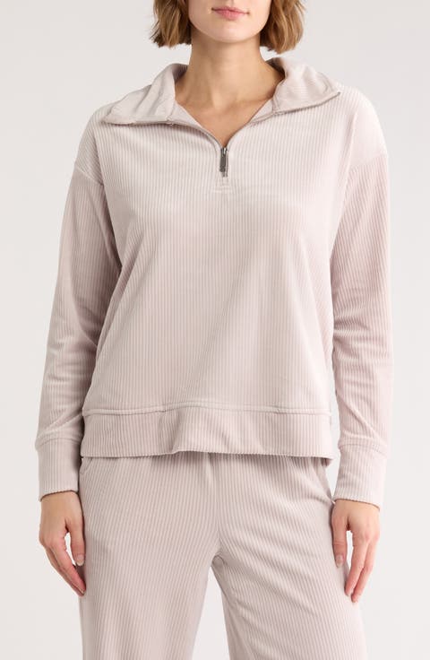 Ribbed Velour Quarter Zip Sweatshirt