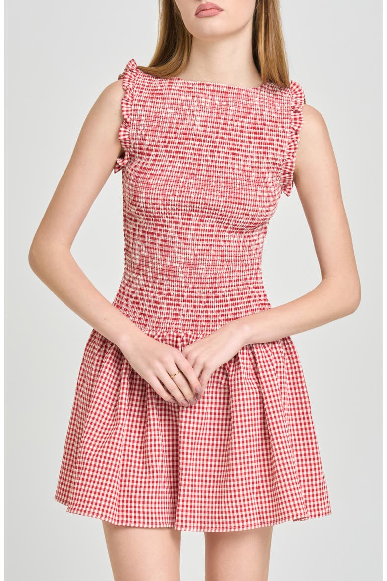 Esme Gingham Smocked Bodice Drop Waist Minidress, Alternate, color, RED