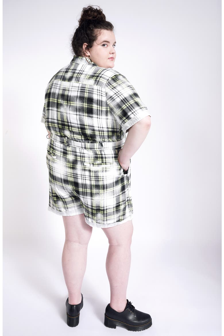 Short Sleeve Romper with Removable Belt (Nordstrom Exclusive), Alternate, color, IVORY GREEN PLAID