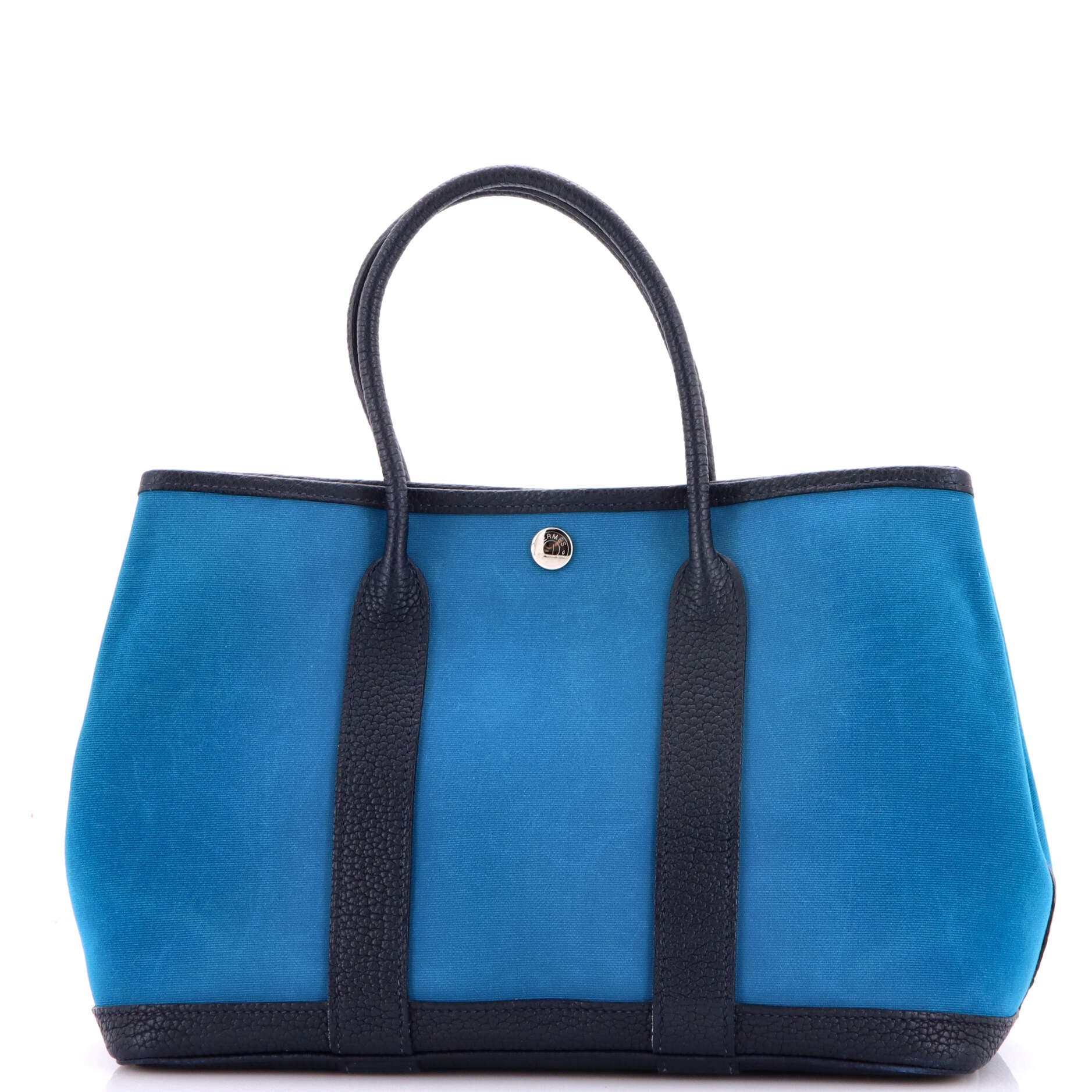 Pre-Owned Hermes Garden Party Tote Toile and Leather 30, Main, color, Bleu Izmir