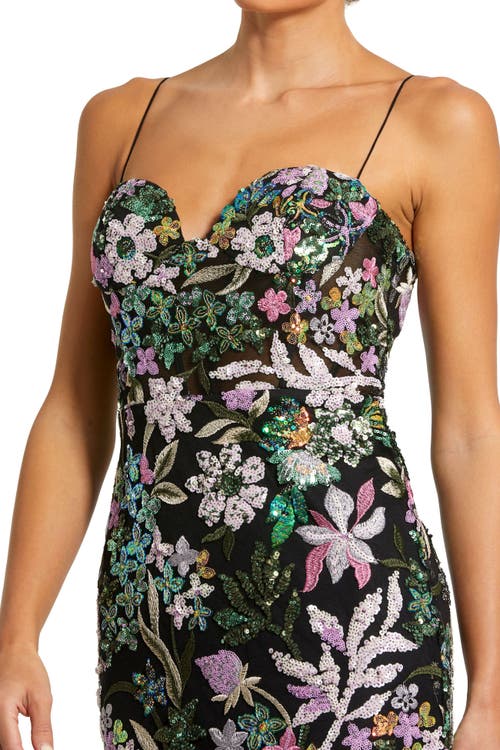 Mac Duggal Spaghetti Strap Bustier Embroidered Applique Gown In Black Multi