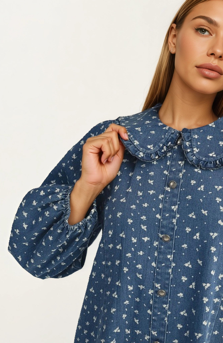 Knit and Lounge Button Front Puff Sleeve Ruffle Collar Mini Dress, Alternate, color, Blue / White Floral