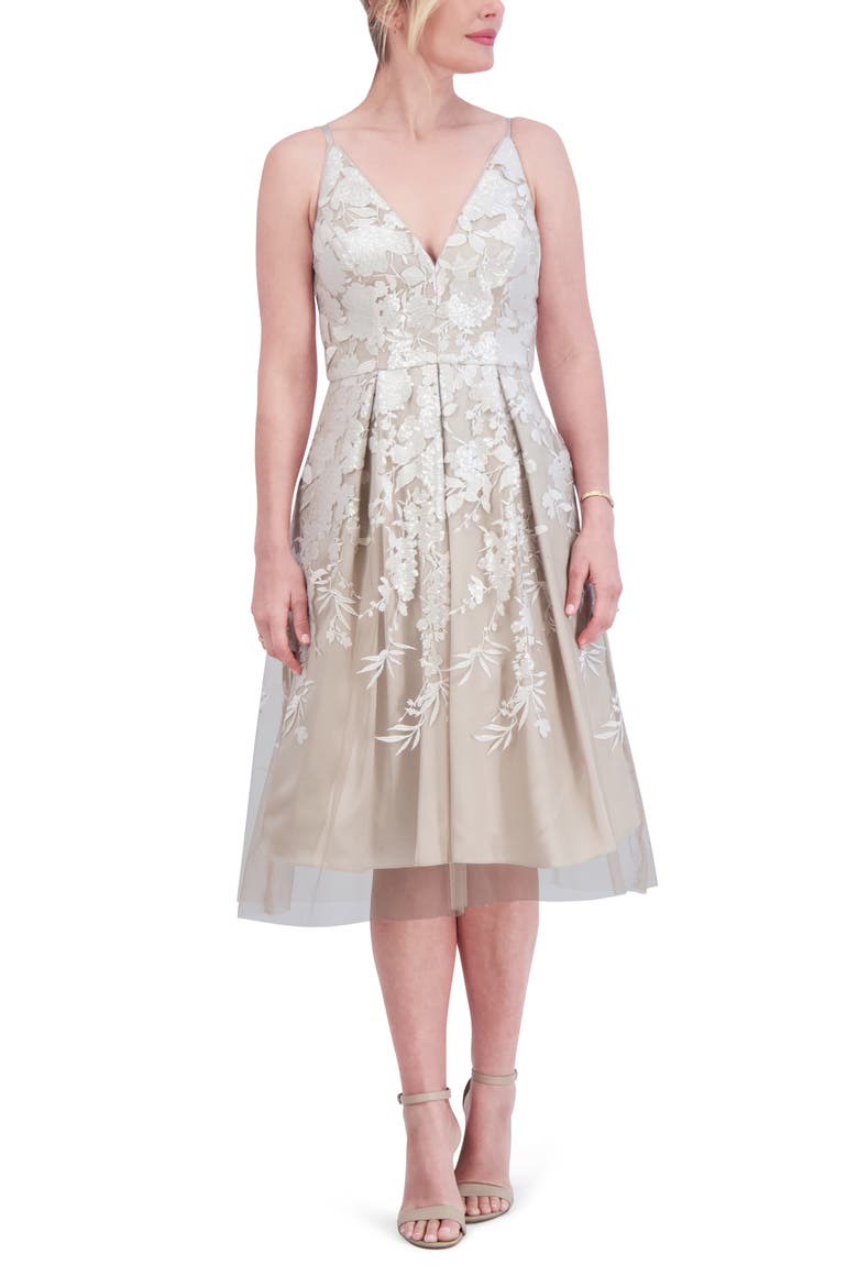 Floral Sequin Pleated Cocktail Dress, Alternate, color, TAUPE