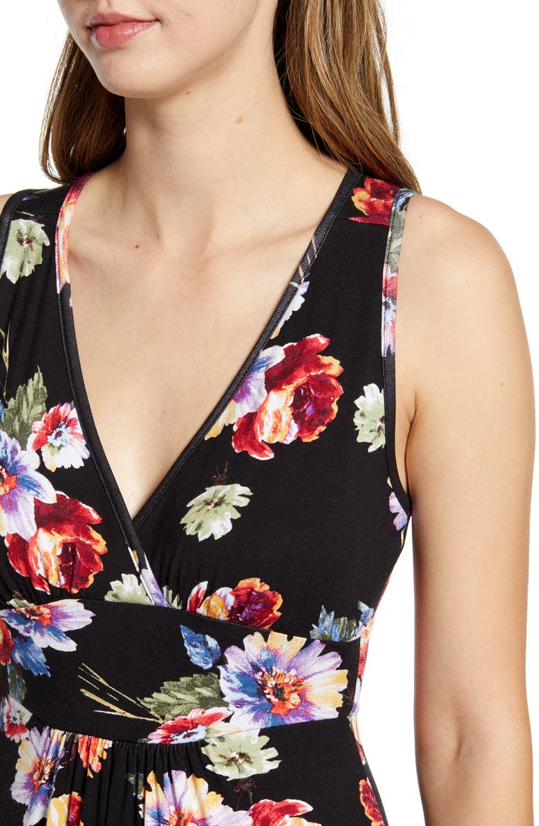 Loveappella Floral Print Maxi Dress, Alternate, color, Black/ Coral