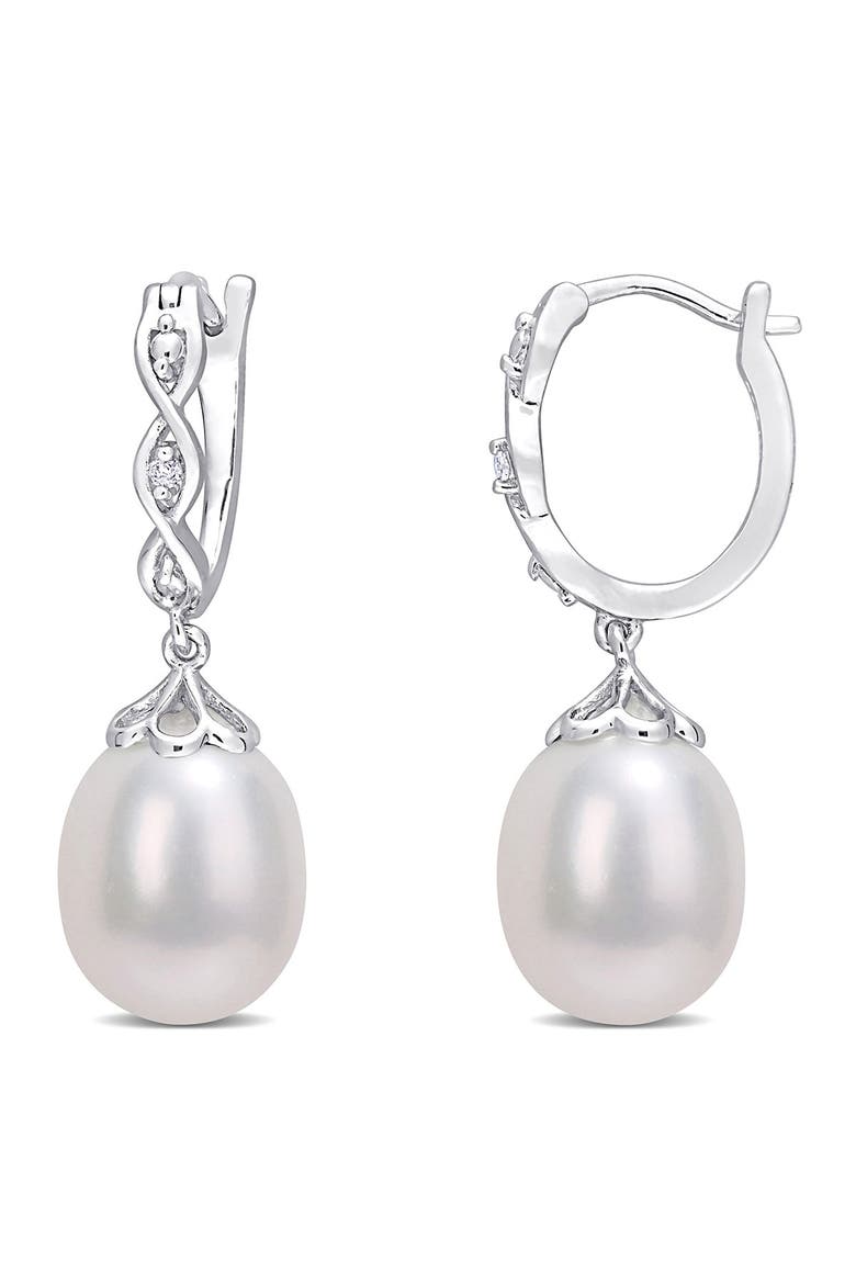 Sterling Silver 8–8.5mm Cultured Freshwater Pearl & Diamond Drop Huggie Hoop Earrings - 0.02ct., Main, color, WHITE