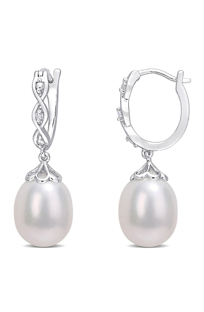 DELMAR Sterling Silver 8–8.5mm Cultured Freshwater Pearl & Diamond Drop Huggie Hoop Earrings - 0.02ct., Main, color, White