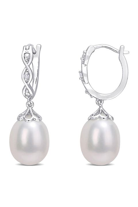Sterling Silver 8–8.5mm Cultured Freshwater Pearl & Diamond Drop Huggie Hoop Earrings - 0.02ct.