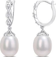 DELMAR Sterling Silver 8–8.5mm Cultured Freshwater Pearl & Diamond Drop Huggie Hoop Earrings - 0.02ct.