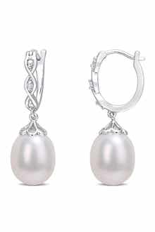DELMAR Sterling Silver 8–8.5mm Cultured Freshwater Pearl & Diamond Drop Huggie Hoop Earrings - 0.02ct.