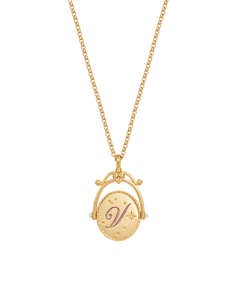 V Initial Violet Gold Spinner Chain Necklace