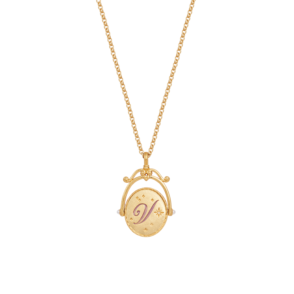 Fable England V Initial Violet Gold Spinner Chain Necklace