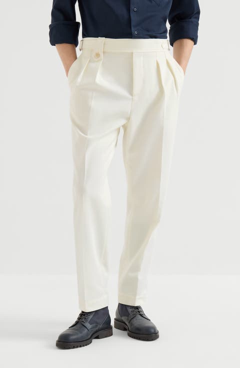 Cotton and virgin wool gabardine trousers with double pleats and waist tabs